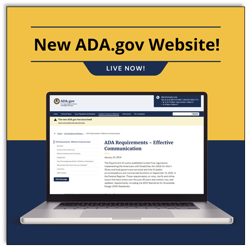 New ADA.gov Website. Live Now! Laptop with ADA.gov website showing